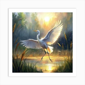 White Great Egret Bird Taking Flight At Sunset Art Print