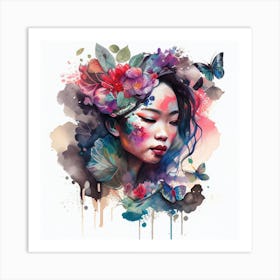 Watercolor Floral Asian Woman #10 Art Print