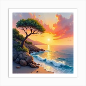 Romantic Watercolor Of An Italian Coastal Sunset With Warm, Glowing Hues 1 Art Print