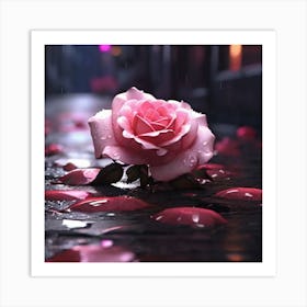 Pink Rose In The Rain Art Print