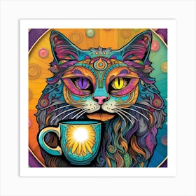 Cat With Cup Of Coffee Whimsical Psychedelic Bohemian Enlightenment Print Art Print