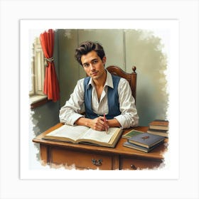 Portrait Of A French Novelist At A Picturesque Writing Desk, Watercolor With Grace 1 Art Print