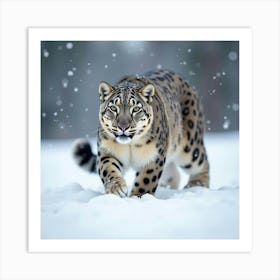 A Graceful Snow Leopard Prowling Through The Snow 1 Art Print