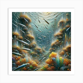 Sardines Swimming In A Surreal Underwater Garden, Style Digital Impressionism 2 Art Print