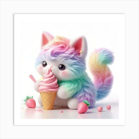 Rainbow Kitten Eating Ice Cream Art Print