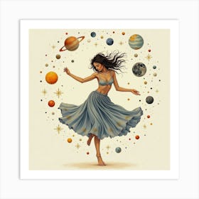 Dancer In Watercolor Surrounded By Celestial Bodies 1 Art Print