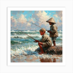 Two Boys Fishing On The Beach Art Print
