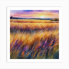 Watercolor Wheat Field At Sunset Art Print