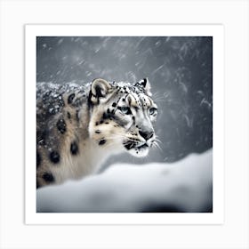 Snowfall, Attentive Snow Leopard Art Print