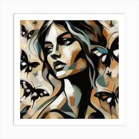 Elegant Abstract Female Portrait with Butterflies Art Print