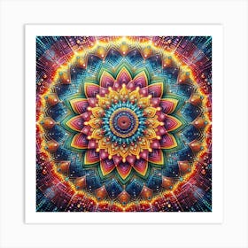 A vibrant diamond painting of a complex Mandala, with a mesmerizing interplay of light and shadow between the different colored diamonds 1 Art Print