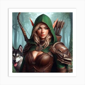 Elf Girl With Wolf Art Print