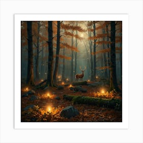 Deer In The Forest At Night Art Print