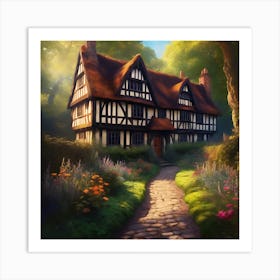 Black and White Elizabethan Manor House in Summer Art Print