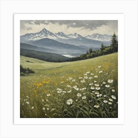 Vintage Oil Painting of Wild Flowers in a Meadow, Mountains in the Background 18 Art Print