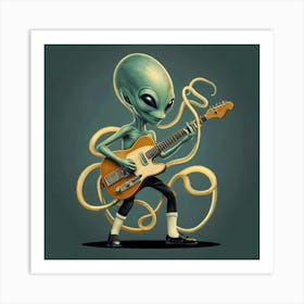 Nostalgic Alien Playing Vintage Guitar Against Dark Teal Background Art Print