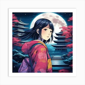 Asian Girl and the Moon Art Print