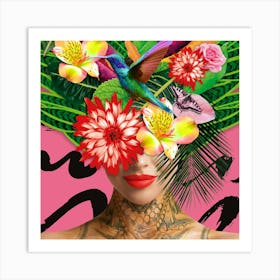 Mother Nature With Humming Bird Flowers And Tattoo In Pink Art Print