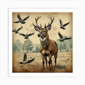 Deer With Birds 1 Art Print