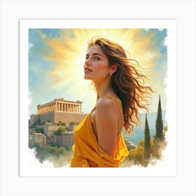 Radiant Greek Woman In Watercolor, With The Ancient Acropolis In The Distance 1 Art Print