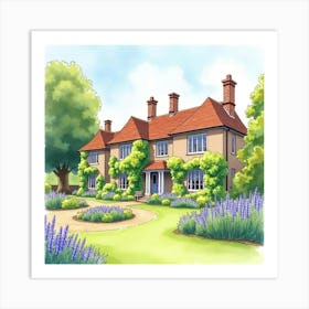 Watercolor Scene Of The Chartwell In Kent, Capturing Its Historic Charm And Beautiful Gardens Art Print