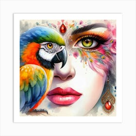 Face Of A Woman With Parrot Art Print