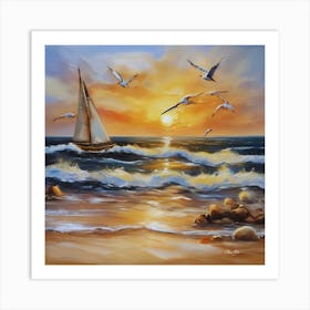 Oil painting design on canvas. Sandy beach rocks. Waves. Sailboat. Seagulls. The sun before sunset.14 Art Print