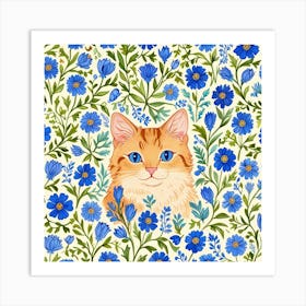 Orange Tabby Cat In Blue Flowers Art Print