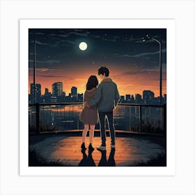 an anime young loving couple, lonely feeling, hope, vector, cartoon style, night 1 Art Print