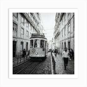 Black And White Photo Lisbons Vintage Tramway Weaving Through Narrow Historic City Streets Tram D (6) Art Print