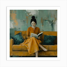 Woman Reading Book With Yellow Theme Art Print