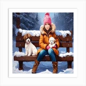 Girl With Dogs On A Bench Art Print