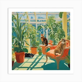 David Hockney Style. Cats in Sunlit Conservatory Series 2 Art Print