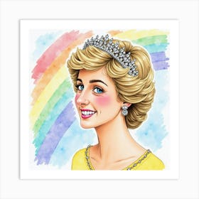 Smiling Princess Diana Painted In Watercolor, Framed By A Rainbow Sky Art Print