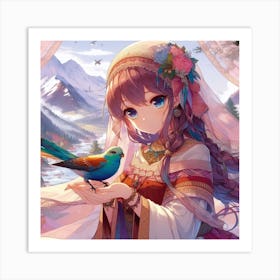 Gorgeous mountain girl with bird Art Print