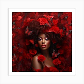 Black Woman With Red Roses And Butterflies Art Print