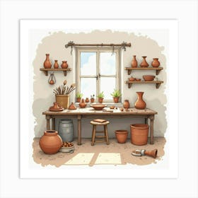 Artistic Pottery Studio In Watercolor, With Clay Pieces And Creative Tools 1 Art Print