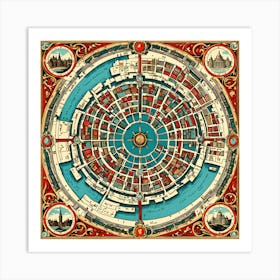 A Vintage Map, Of A Historic City With Ornate Borders And Labels art print 13 Art Print