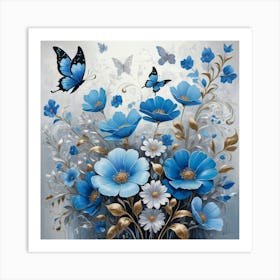 Blue Flowers With Butterflies Art Print