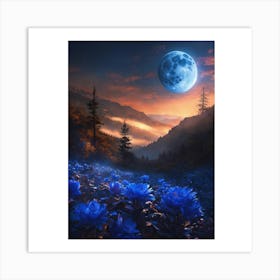 Moonlight Over Blue Flowers Art Print