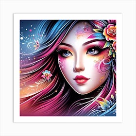 Portrait Of A Girl With Flowers Art Print