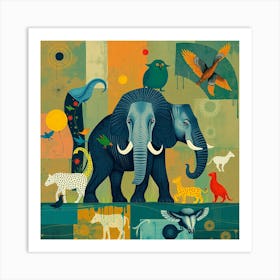 Elephants And Birds Art Print