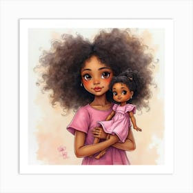 Afro American Girl Holding Her Doll Affiche