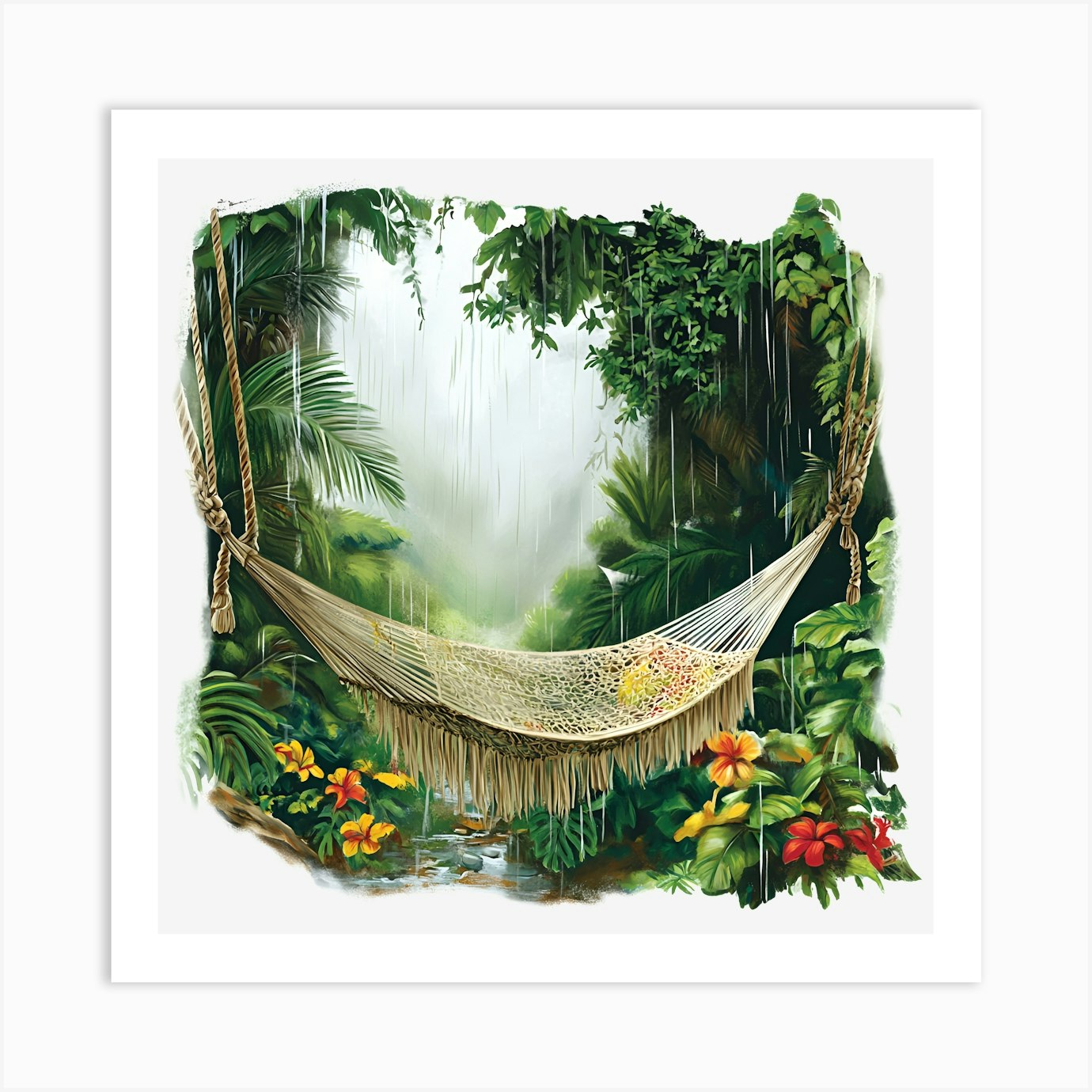 Hammock In The Rain Art Print by Aloke Design