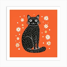 Black Cat With Daisies Art Print