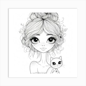 Cute Girl With Cat Art Print