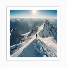 Mountaineer On Top Of A Snowy Mountain Art Print