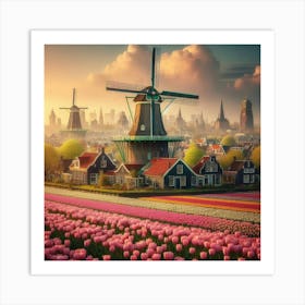 Amsterdam S Iconic Windmills Standing Tall Amidst Vibrant Tulip Fields, Style Dutch Golden Age Art Print