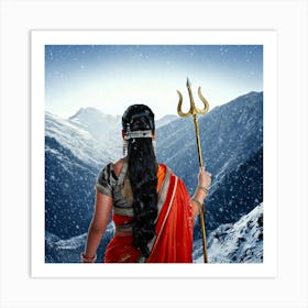 Firefly Indian, Married Woman, Sari, Traditional, Durga, Trident, Weapon, Snow, Hills, Backward View (9) Art Print