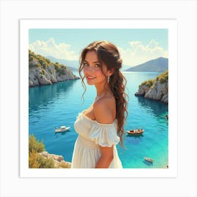 Enchanting Greek Woman In Watercolor, With The Serene Waters Of A Traditional Bay 1 Art Print